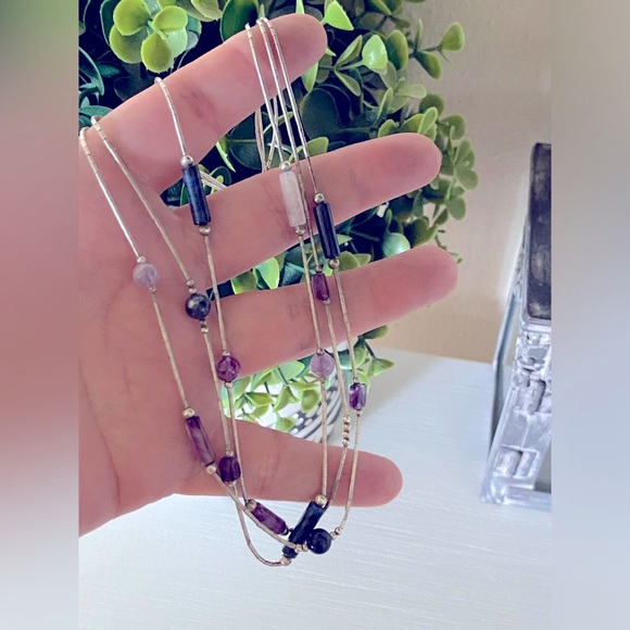 SHUBE Sterling Liquid Silver Amethyst Lapis block Bead Multi Strand Necklace - Picture 2 of 6